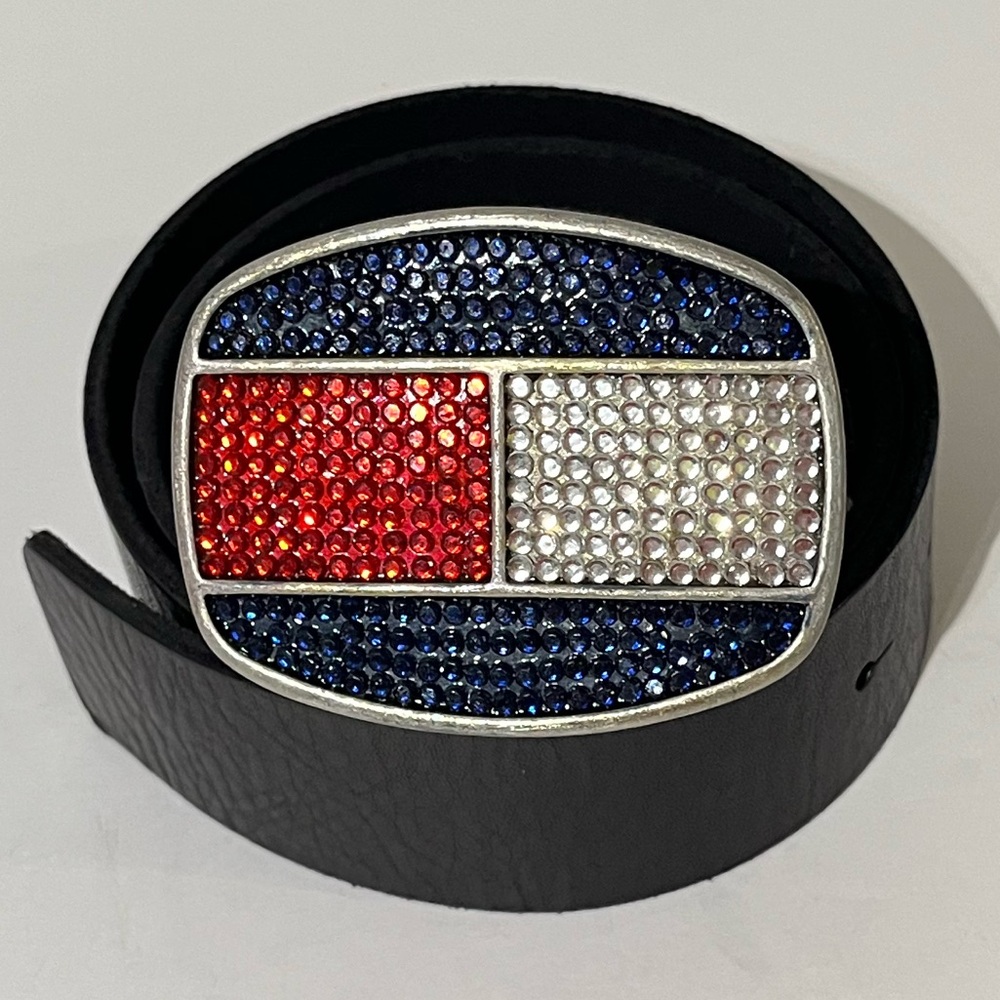Y2K 🇺🇸 Tommy Hilfiger Leather Rhinestone Gemstone Crystal Diamond Buckle Belt M